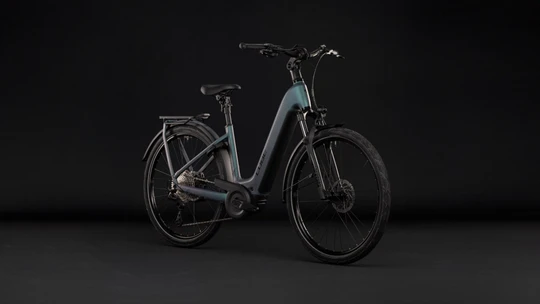 Cube kathmandu hybrid pro 2027 dames blauwgrijs mat cube elektrische fietsen voorkant