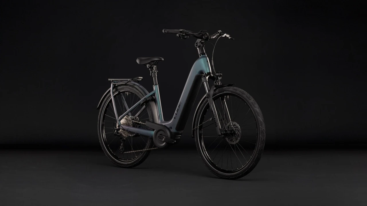 Cube kathmandu hybrid pro 2027 dames blauwgrijs mat cube elektrische fietsen voorkant