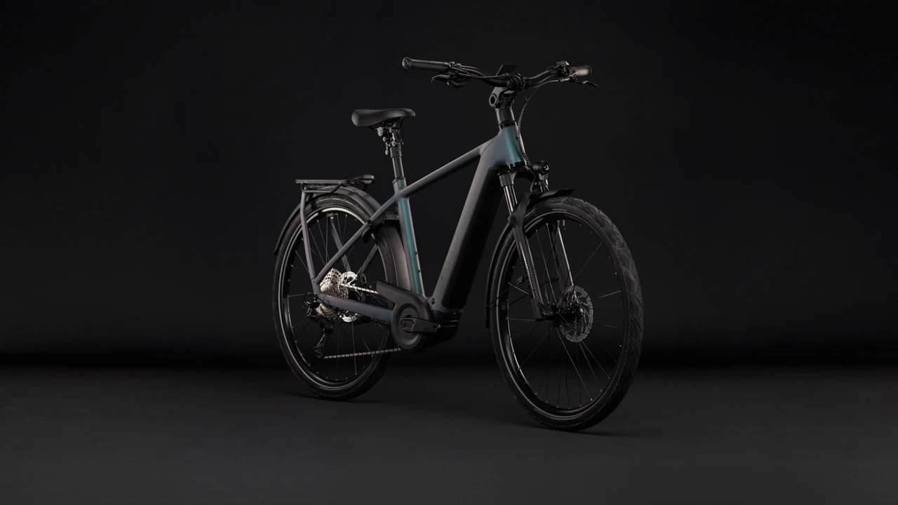Cube kathmandu hybrid pro 2027 heren blauwgrijs mat cube elektrische fietsen voorkant