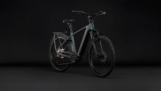 Cube kathmandu hybrid pro 2027 heren blauwgrijs mat cube elektrische fietsen voorkant