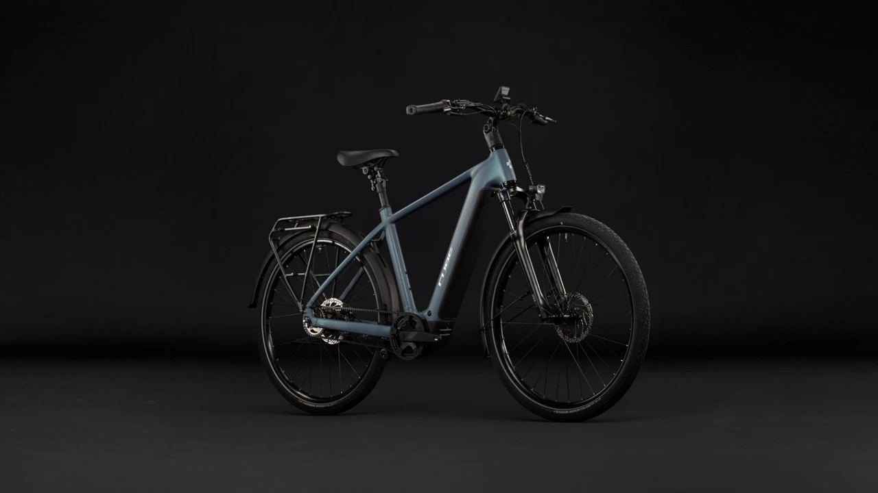 Cube touring hybrid deluxe slx800 2027 heren groen blauw mat cube elektrische stadsfietsen voorkant